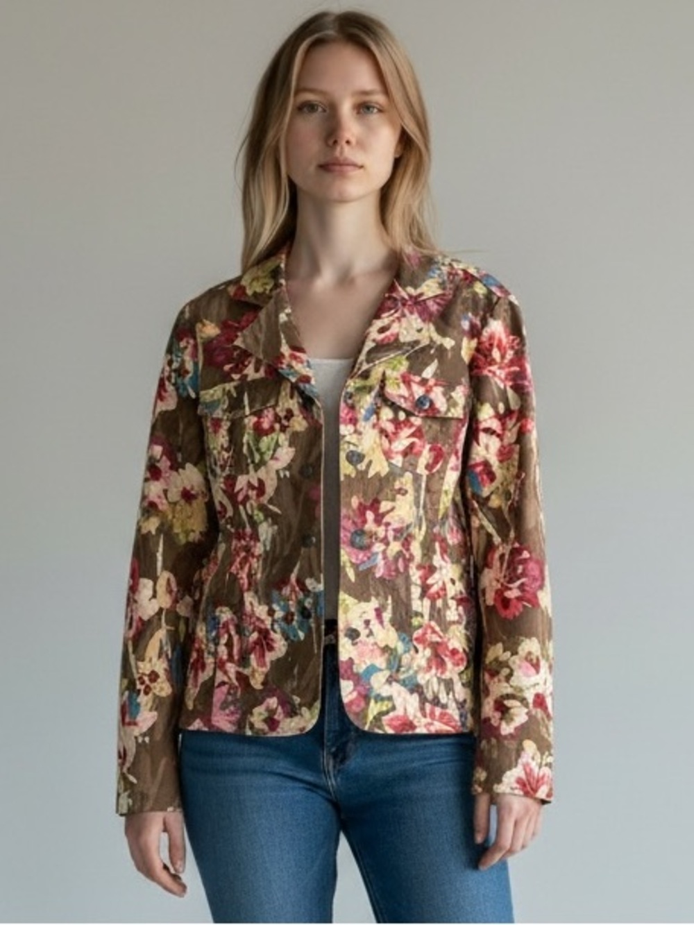 Christopher & Banks Brown Floral Jean Jacket with Pink Accents